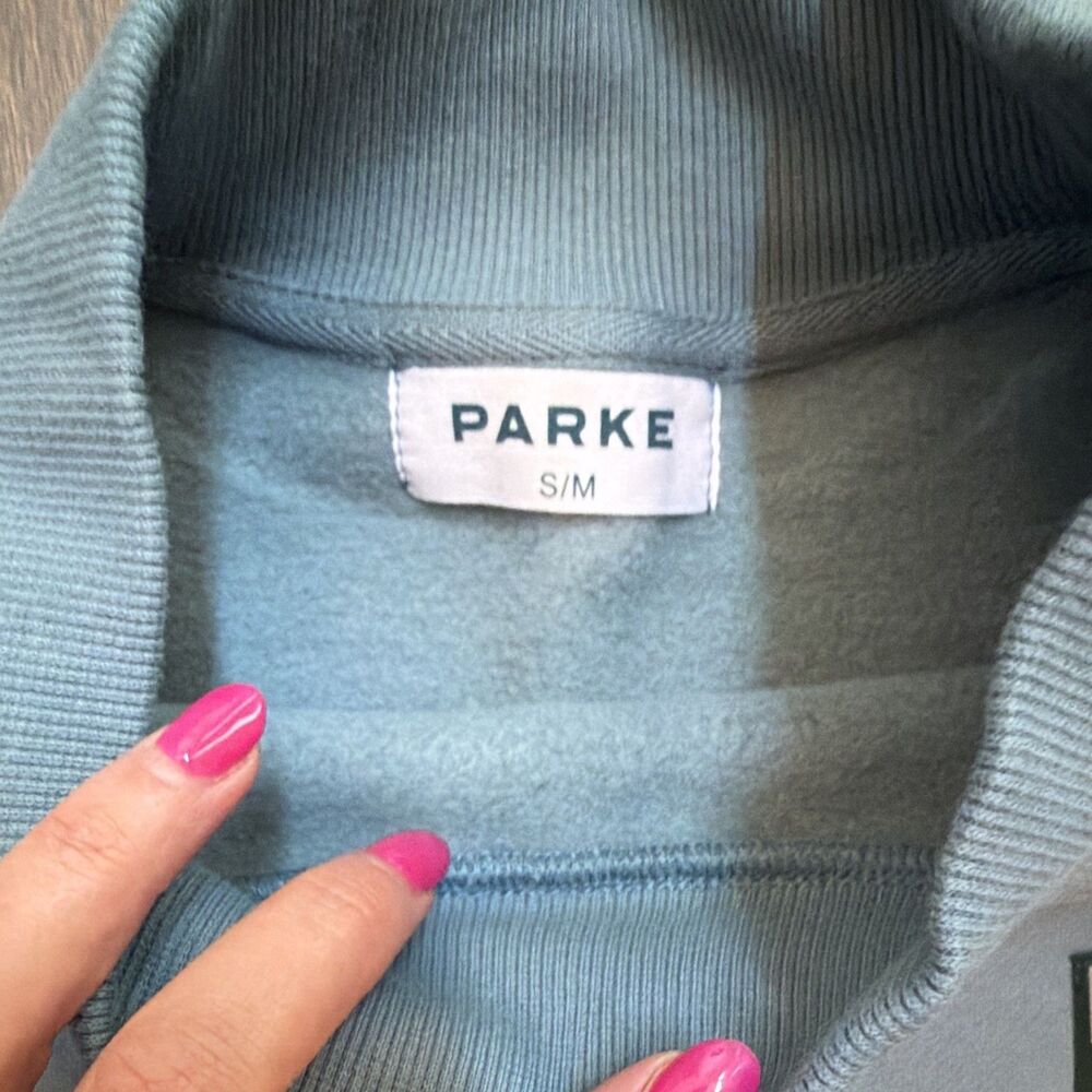 PARKE Colorblock Mock Neck Fleece Logo Pullover Sweatshirt Women’s S/M Blue - Picture 3 of 7